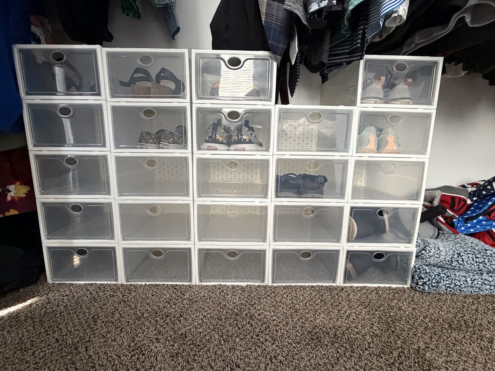Lot of 24 Clear Stackable Shoe Storage Boxes Organizer Plastic Drawer Bins- Used
