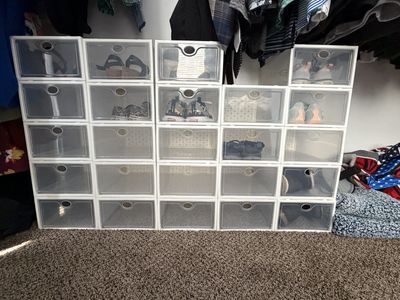 Lot of 24 Clear Stackable Shoe Storage Boxes Organizer Plastic Drawer Bins- Used