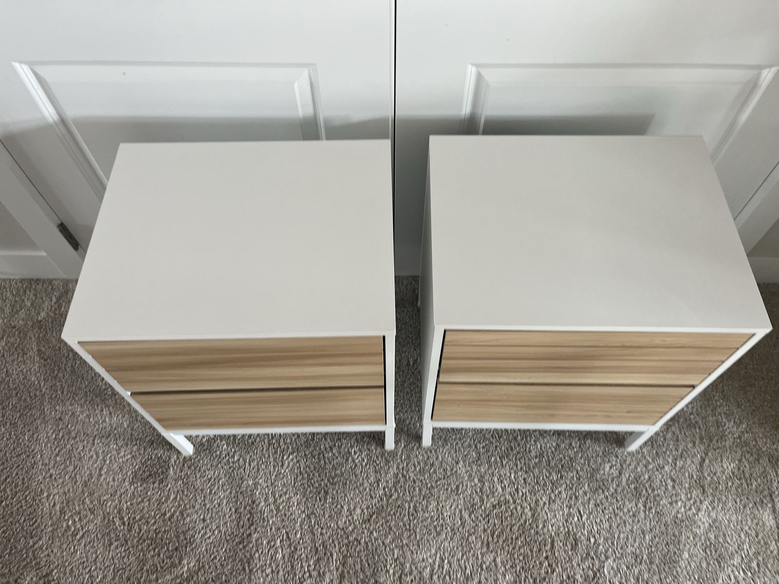 Modern White & Light Wood Grain 2-Drawer Nightstands - Pair