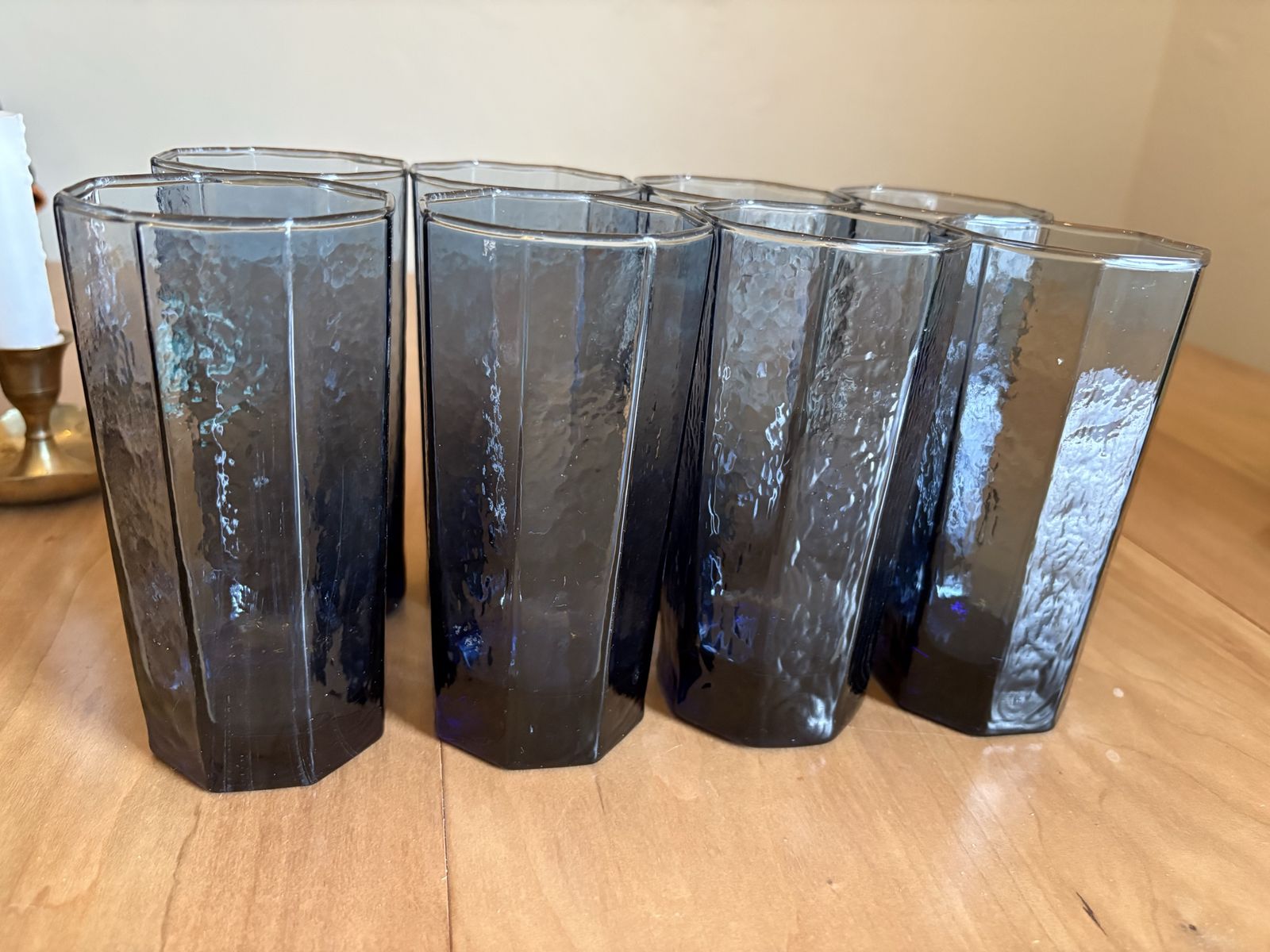 Vintage Blue Libby Glass Tumblers - Octagon Hammered Texture Drinking Glasses, Set of 8
