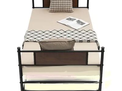 Black Metal and Wood Twin Bed Frame with mattress