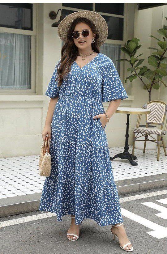Plus Size Maxi Dress; Blue & White Patterned, 3/4 Sleeve, Emipre Waist, V Neck