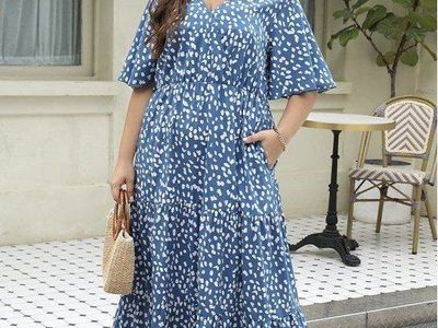 Plus Size Maxi Dress; Blue & White Patterned, 3/4 Sleeve, Emipre Waist, V Neck