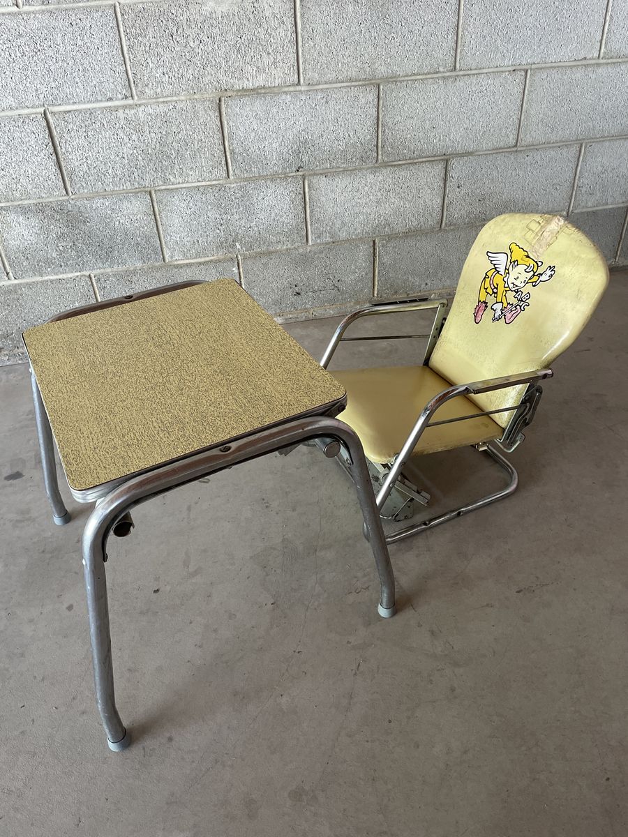 Vintage Mid-Century Yellow Child's Desk and Chair Set - Metal Frame, Character Decal