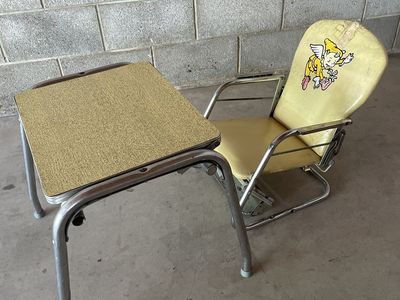 Vintage Mid-Century Yellow Child's Desk and Chair Set - Metal Frame, Character Decal