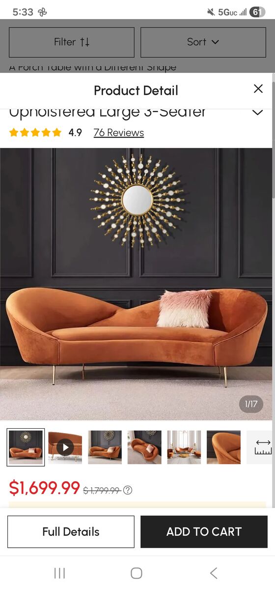 Orange velvet curved sofa