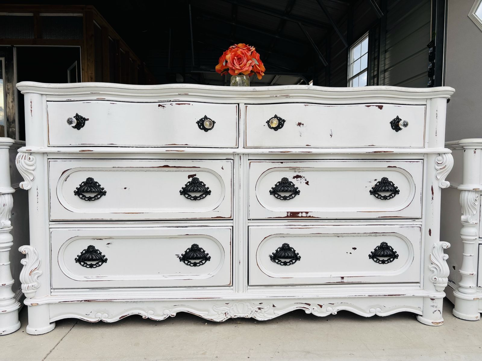 Shabby Chic White Distressed 6-Drawer Dresser with Ornate Pulls