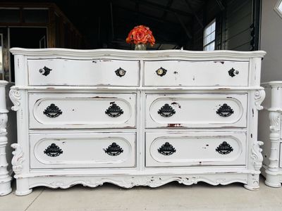 Shabby Chic White Distressed 6-Drawer Dresser with Ornate Pulls