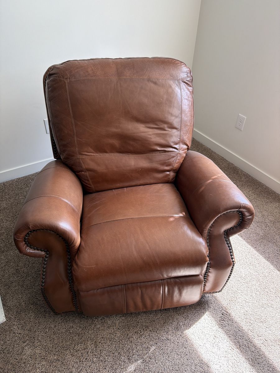 La-Z-Boy Style Brown Leather Recliner Armchair with Nailhead Trim