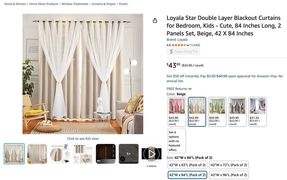 Loyala Star Double Layer Blackout Curtains; 84 Inch Long, 2 Panel Set. PINK and BEIGE