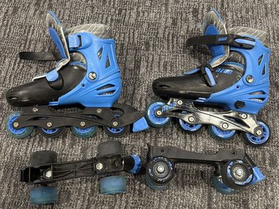 Yvolve Neon Blue Adjustable Inline Skates & Roller Skates US Size 3-6 2-in-1 Combo