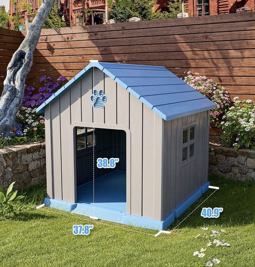 New 38" Dog House Kennel Indoor Outdoor,Peaked Deck Doghouse,Keep Your Dog Dry & Cozy(Blue 37.8 * 40.87 * 38.82inch)