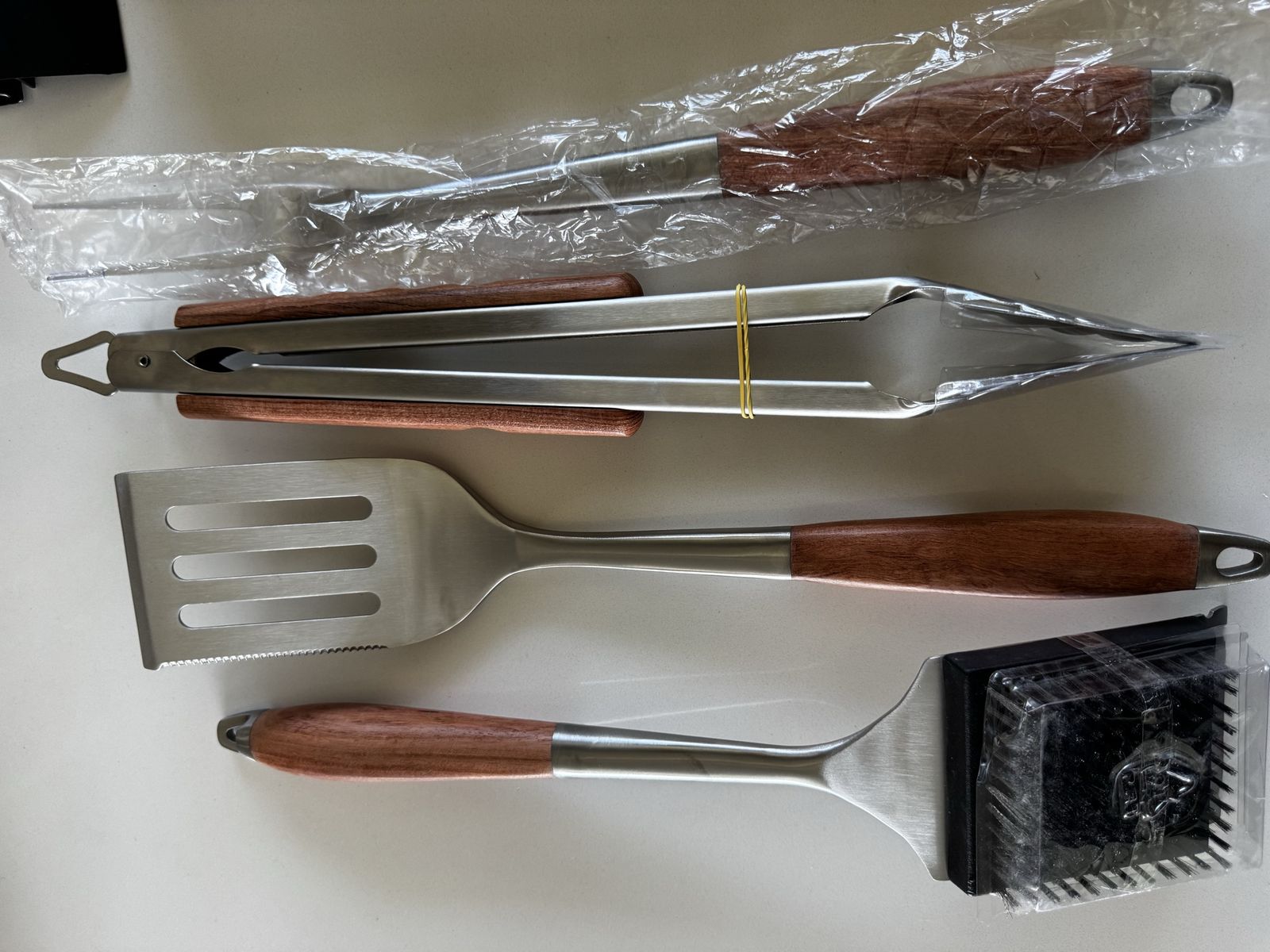 4 Piece BBQ Grill Tool Set with Rosewood Handles Stainless Steel Includes Serrated Spatula with Bottle Opener Food Tongs Meat