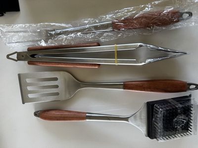 4 Piece BBQ Grill Tool Set with Rosewood Handles Stainless Steel Includes Serrated Spatula with Bottle Opener Food Tongs Meat