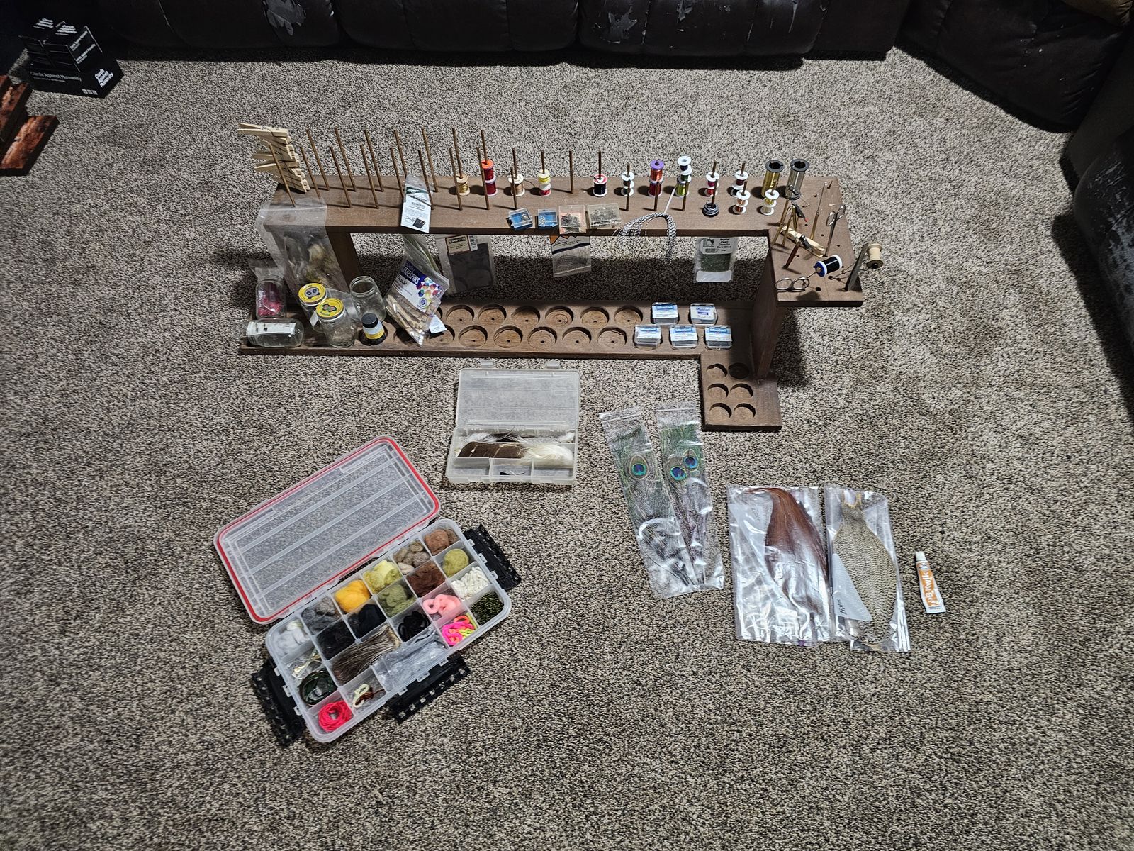 Fly Tying Station Wooden Bench Organizer Lot with Tools, Feathers, Thread, and Materials