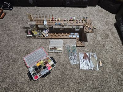Fly Tying Station Wooden Bench Organizer Lot with Tools, Feathers, Thread, and Materials