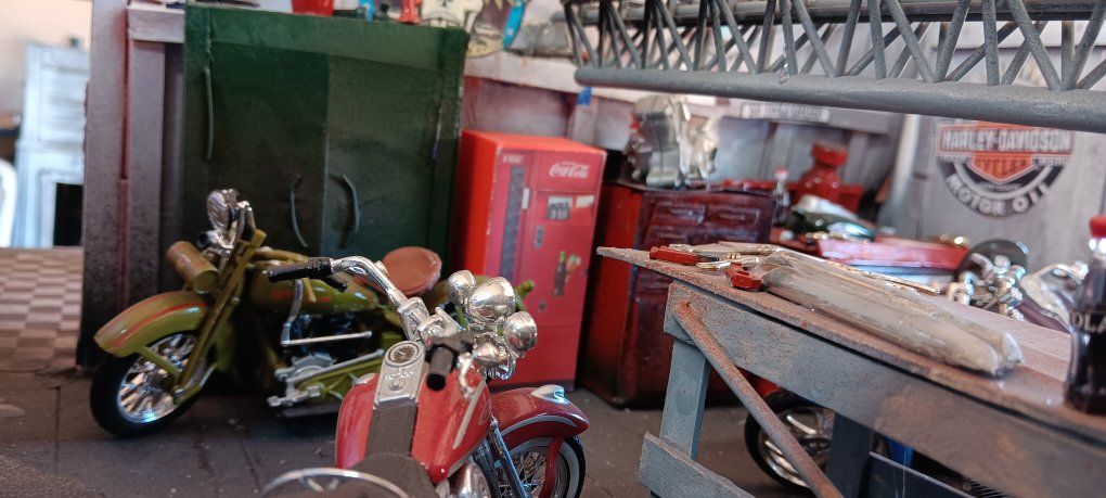 Detailed Miniature  1/18 scale Motorcycle Garage Diorama with Models and Accessories