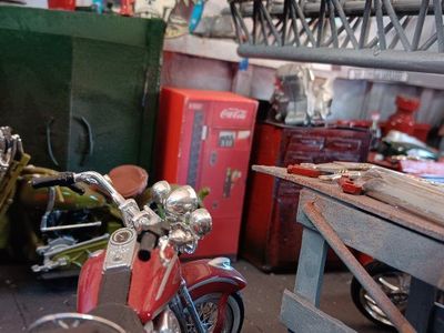 Detailed Miniature 1/18 scale Motorcycle Garage Diorama with Models and Accessories