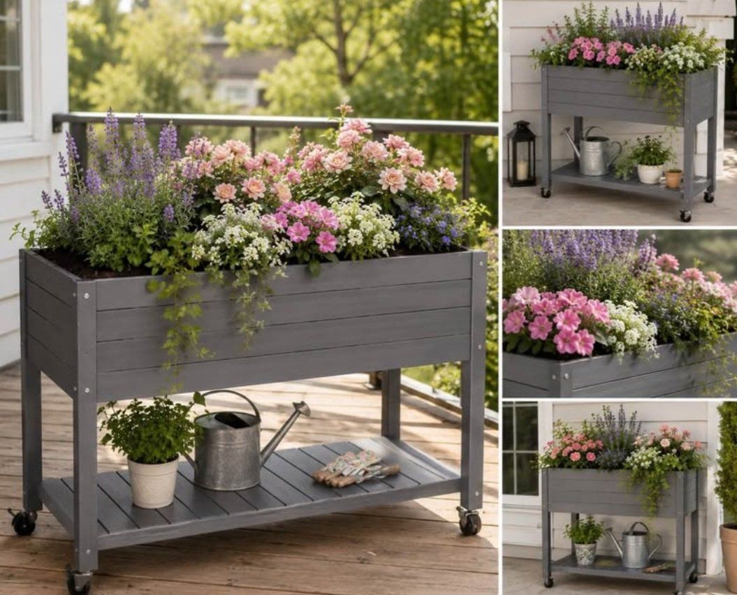Elevated Wooden Garden Planter Box on Wheels with Lower Storage Shelf - 38" L x 16.9" W x 32" H #3