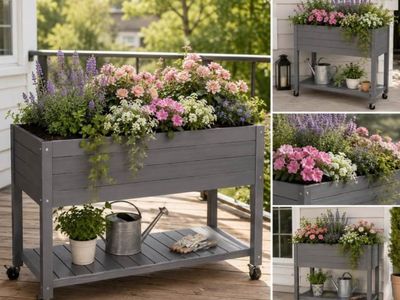 Elevated Wooden Garden Planter Box on Wheels with Lower Storage Shelf - 38" L x 16.9" W x 32" H #3