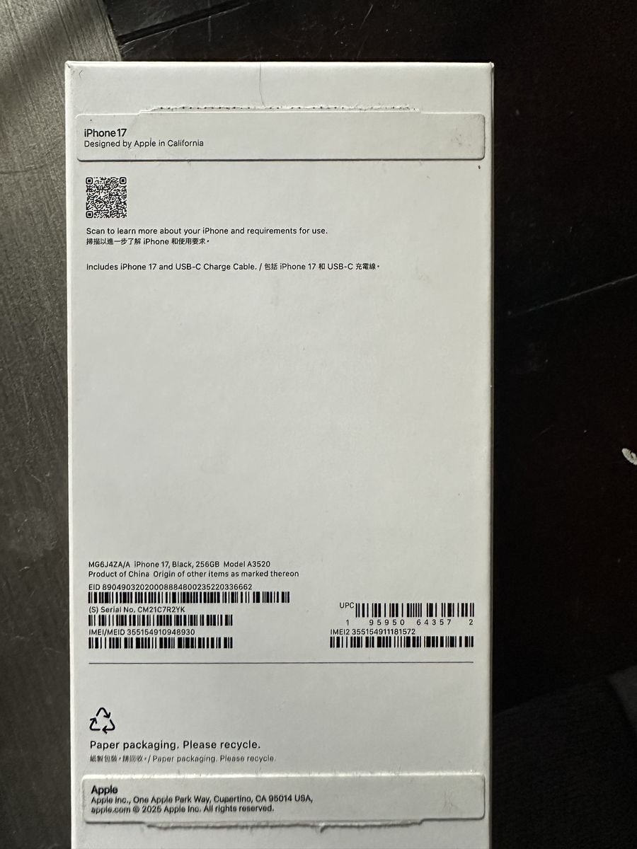 Apple iPhone 17 - Black, 256GB, Model A3520 (New, Sealed Box)unlock