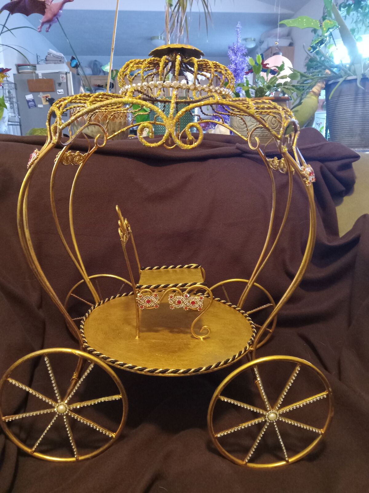 REDUCED. Gold colored, painted metal, one seat, decorative carriage / coach.