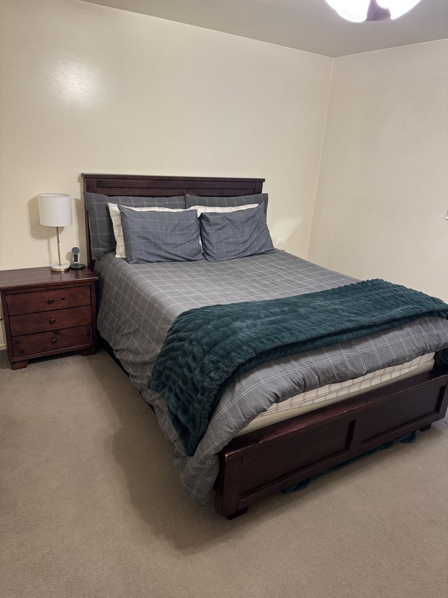 Queen Bed, Box Spring, Mattress, & Matching Nightstand for sale
