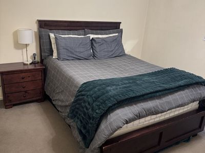 Queen Bed, Box Spring, Mattress, & Matching Nightstand for sale