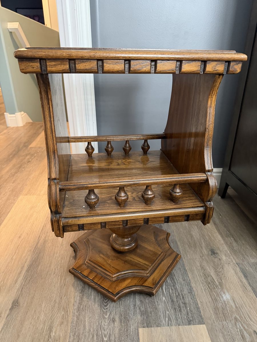 Vintage Wooden Swivel Side Table with Spindle Magazine Rack