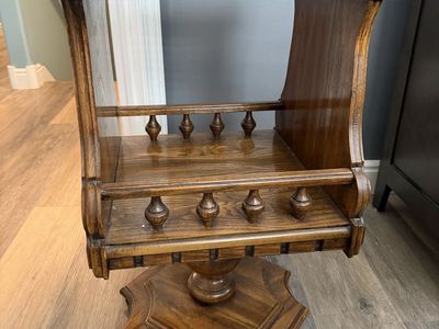 Vintage Wooden Swivel Side Table with Spindle Magazine Rack