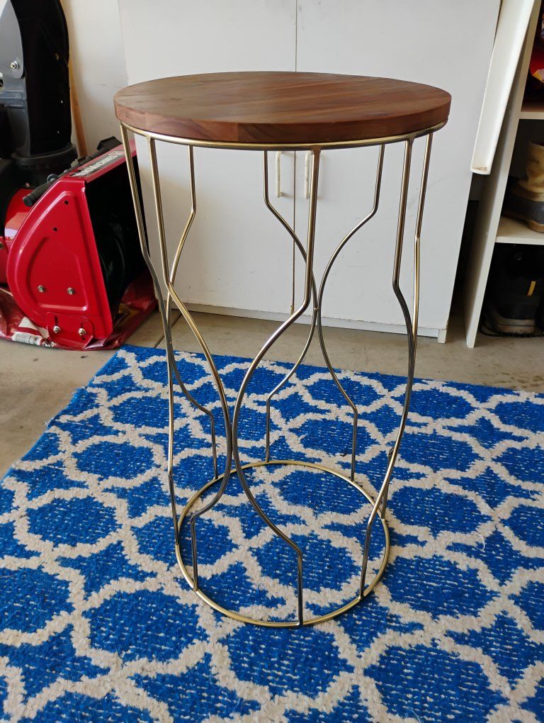 New! Ross: Brass & Wood Round Accent Table - 26" Tall, Modern Side Table