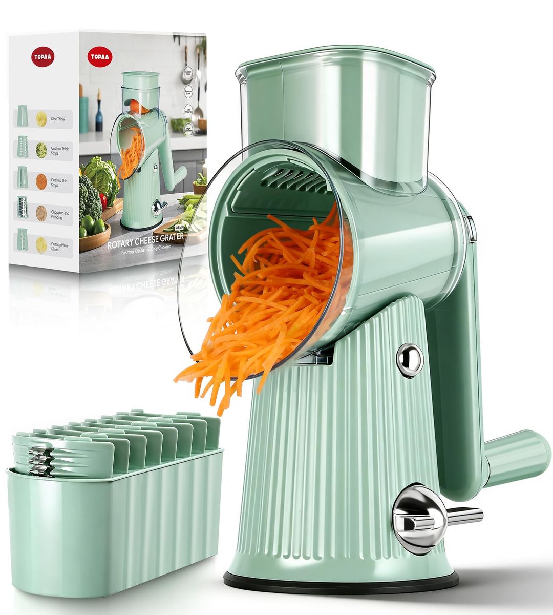 New in box! Rotary Cheese Grater with Handle - Vegetable Shredder with 5 Blades & Strong Suction Base, Round Slicer 