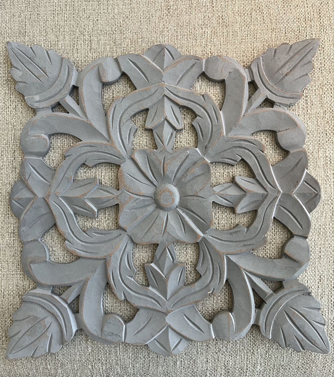 Decorative Gray Wood Carved Floral Wall Hanging Panels - Set of 2