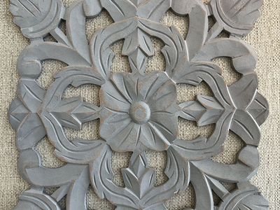 Decorative Gray Wood Carved Floral Wall Hanging Panels - Set of 2