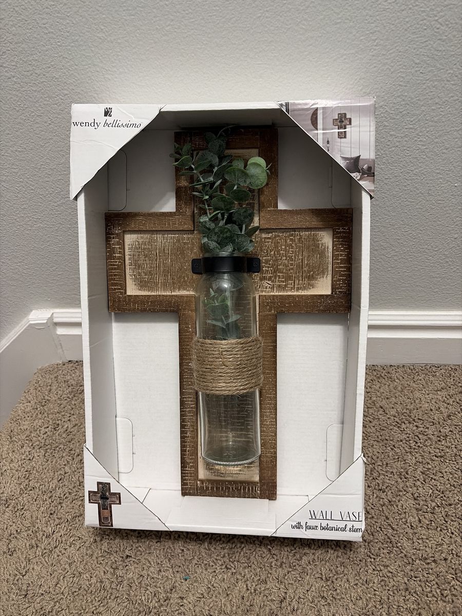 Wendy Bellissimo Rustic Wood Cross Wall Vase with Faux Botanical Stem