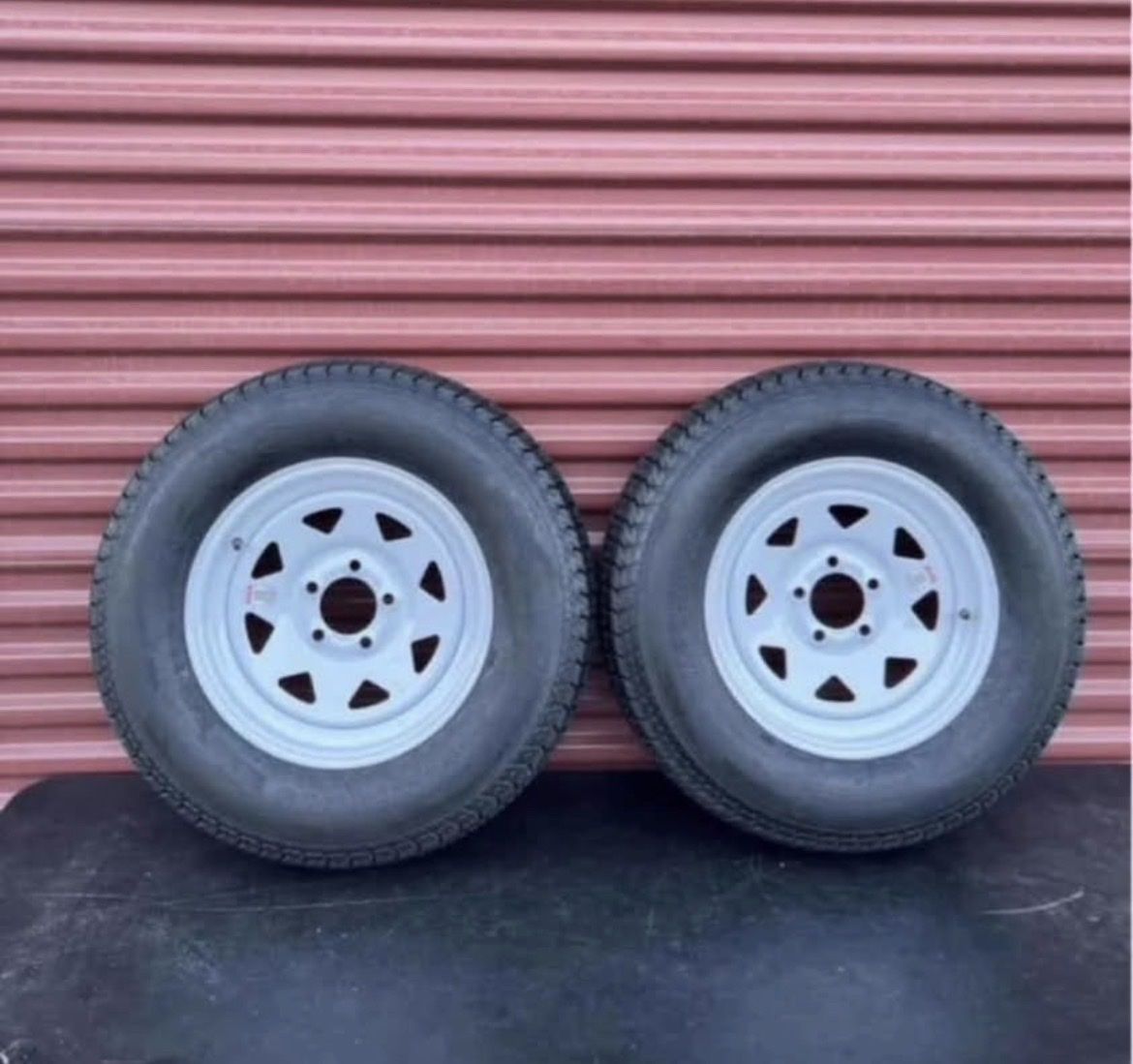 New Set of 2 ST 205/75 D 15 Trailer Tires Mounted on New White Spoke Wheels    Hard to Find 5 on 5 Lug Pattern Brand New