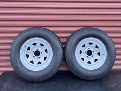 New Set of 2 ST 205/75 D 15 Trailer Tires Mounted on New White Spoke Wheels Hard to Find 5 on 5 Lug Pattern Brand New