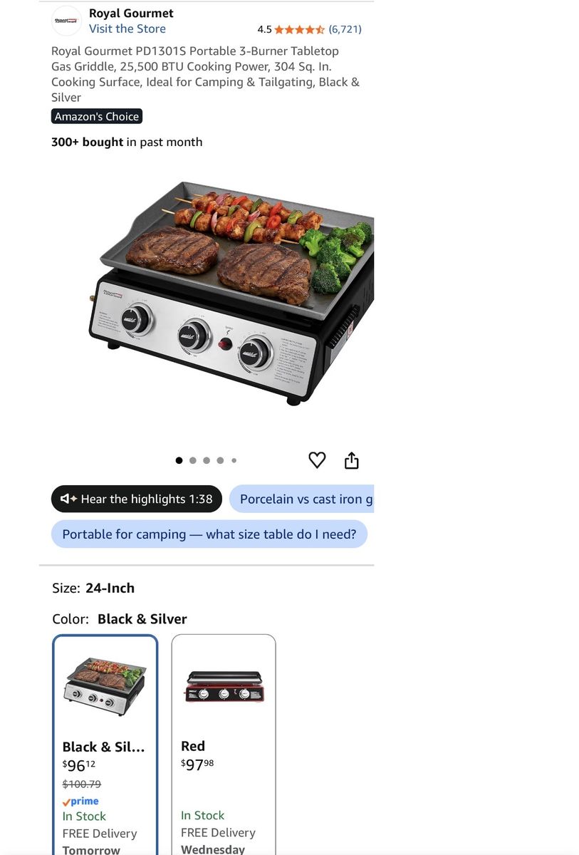 Royal Gourmet Portable 3-Burner Tabletop Gas Griddle