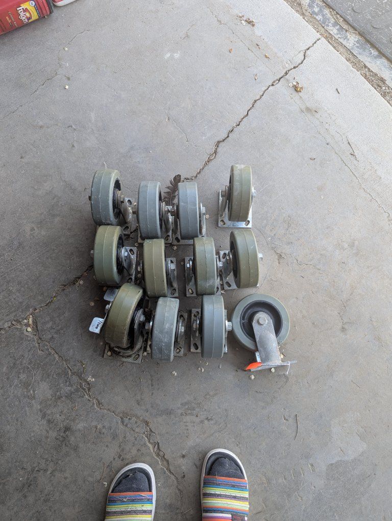 Lot of 10 Heavy-Duty Industrial Casters with Brakes - Gray/Green Wheels
