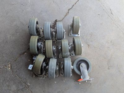 Lot of 10 Heavy-Duty Industrial Casters with Brakes - Gray/Green Wheels