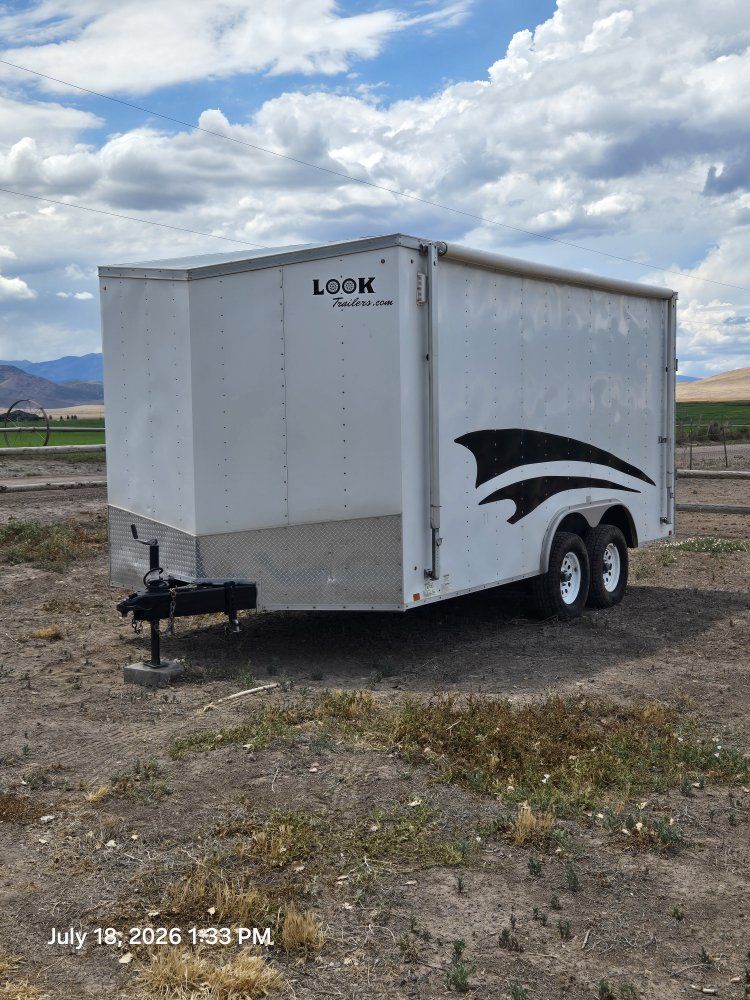 LOOK Element Tandem Axle Cargo Trailer - White, Dual Axle, Wood Door, awning