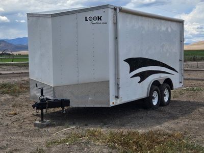 LOOK Element Tandem Axle Cargo Trailer - White, Dual Axle, Wood Door, awning
