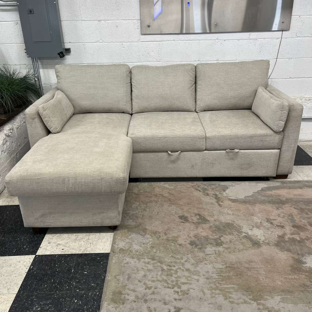 COSTCO LUKE FABRIC SLEEPER SOFA WITH REVERSIBLE CHAISE AND STORAGE, BEIGE!!