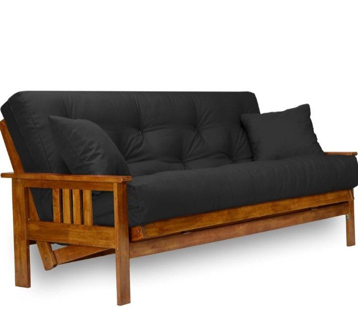 Nirvana Futon Wood Frame with Black 8" Queen Futon Mattress Converts to Queen Size Bed