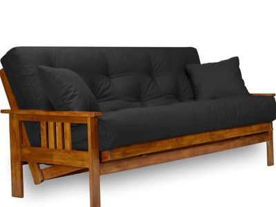 Nirvana Futon Wood Frame with Black 8" Queen Futon Mattress Converts to Queen Size Bed