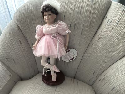 Vintage Porcelain Ballerina Doll Pink Dress White Pointe Shoes Curly Brown Hair
