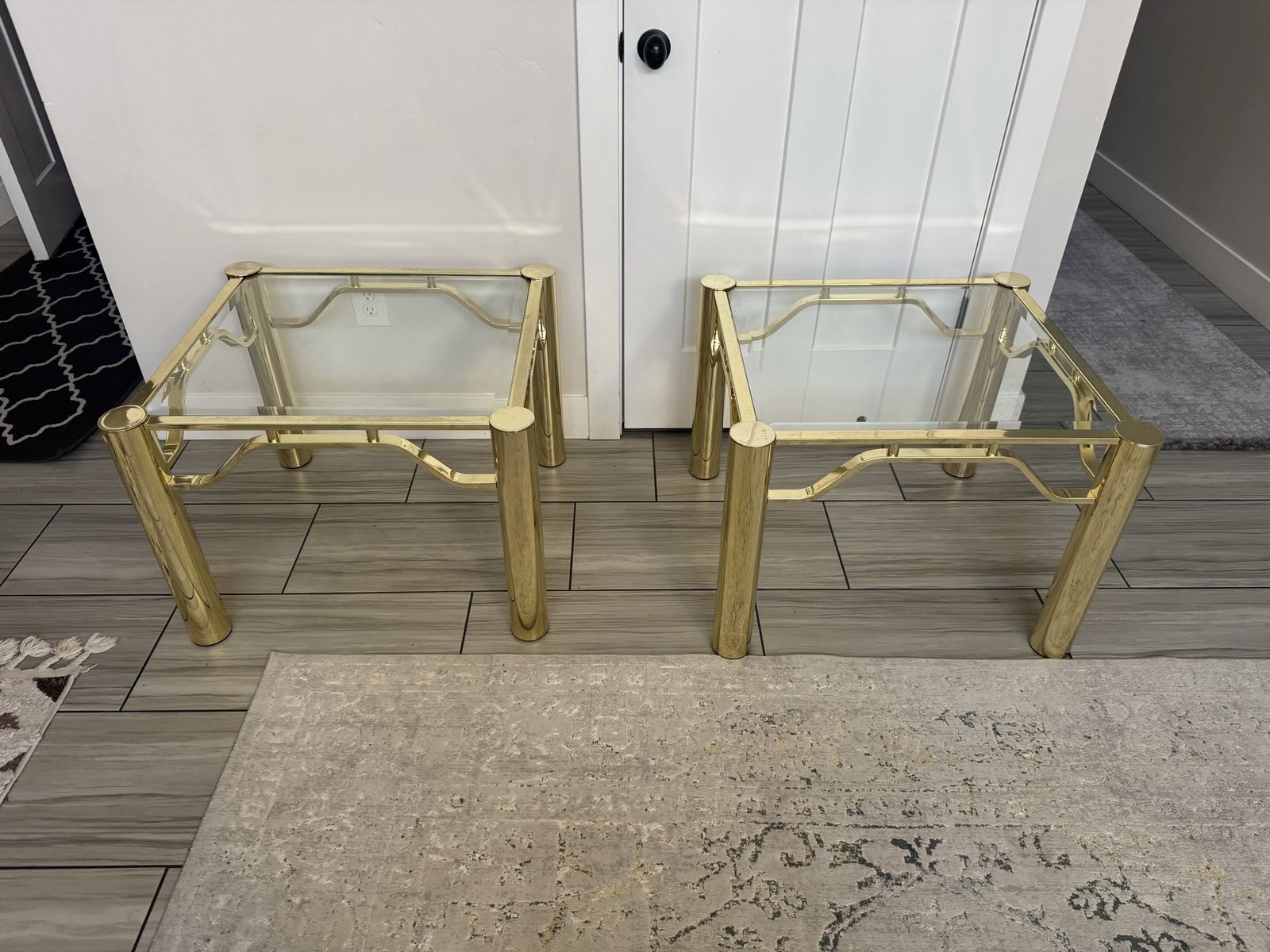 Pair of Vintage Brass and Glass Square End Tables / Side Tables - Hollywood Regency Style