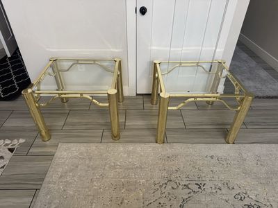 Pair of Vintage Brass and Glass Square End Tables / Side Tables - Hollywood Regency Style