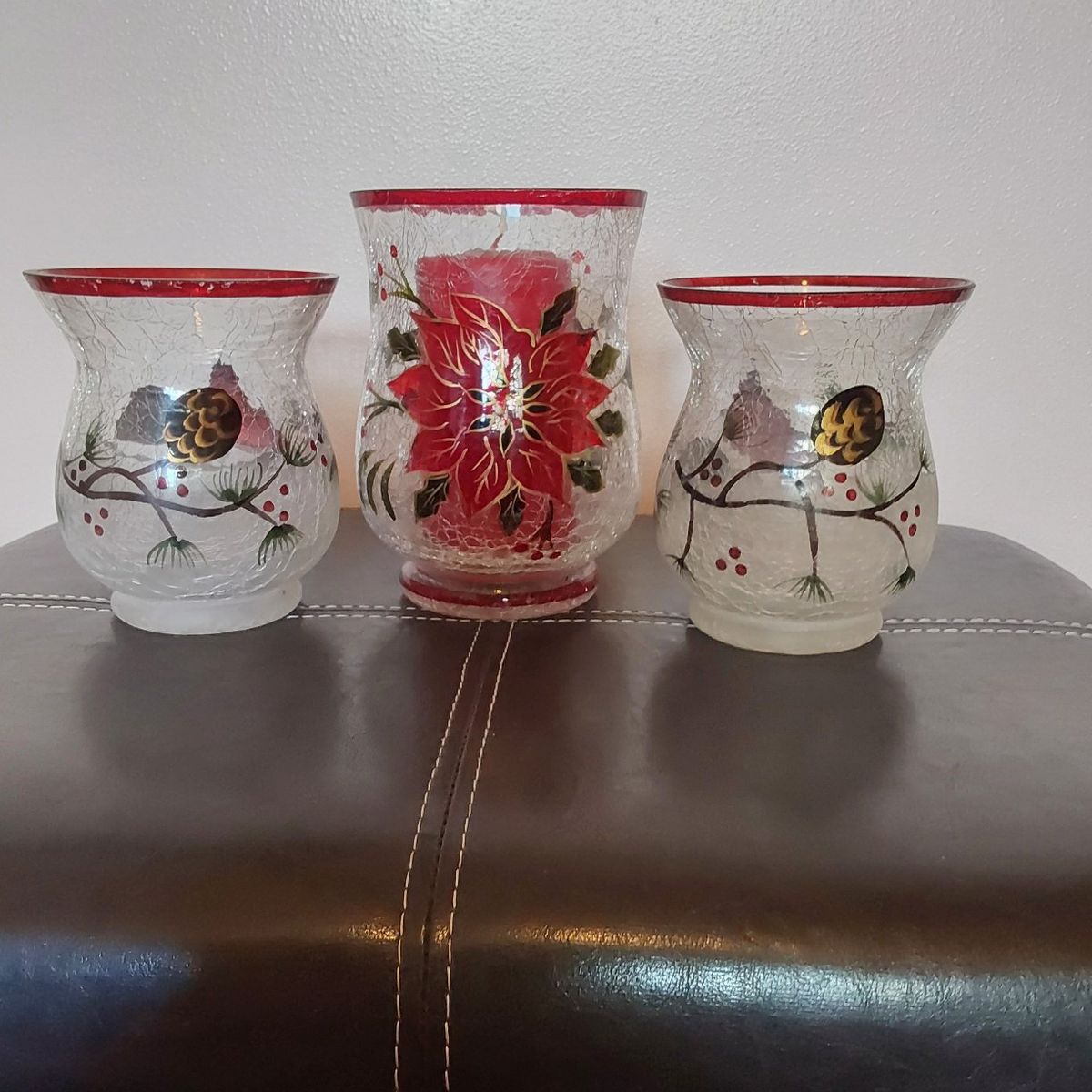 Set of 3 Hand-Painted Christmas Crackle Glass Votive Candle Holders, Poinsettia & Pinecone