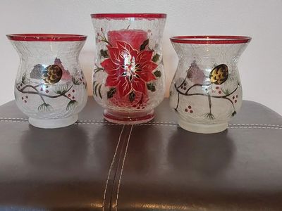 Set of 3 Hand-Painted Christmas Crackle Glass Votive Candle Holders, Poinsettia & Pinecone